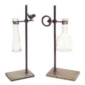 Stem Vase w/Stand (Set of 2) 14"-14.5"H Metal/Glass