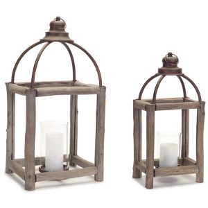 Lanterns (Set of 2) 20.5"H, 26"H Wood/Metal/Glass