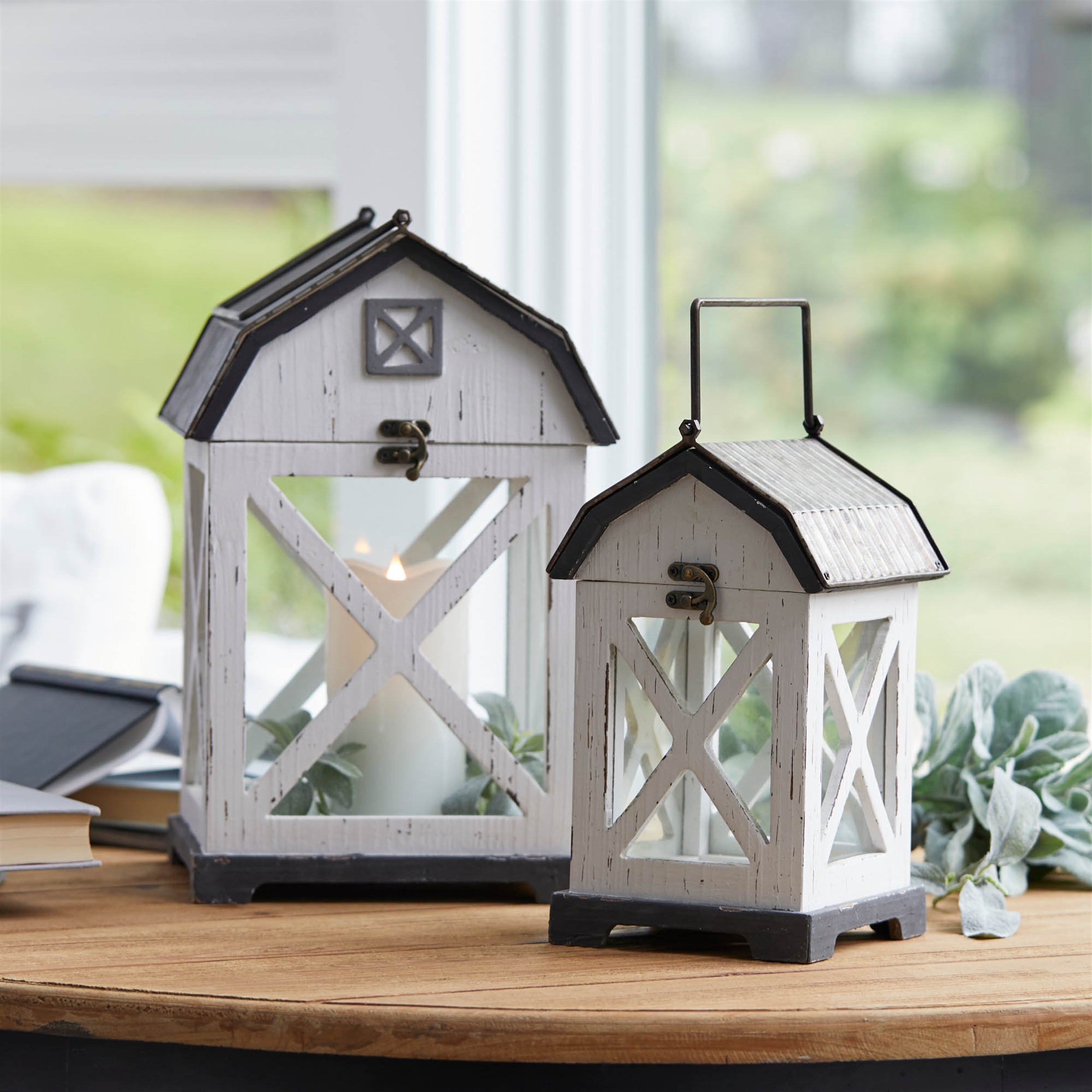 Barn Lantern (Set of 2) 10.5"H, 14.5"H Wood