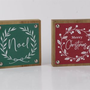 Merry Christmas and Noel Sign (Set of 6) 5"SQ MDF/Faux Leather