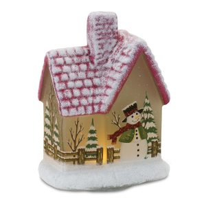 LED House w/Snowman (Set of 2) 7.5"H Glass 2 AAA Batteries, Not Included