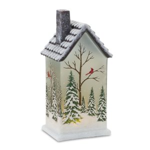 House w/Trees and Cardinal (Set of 2) 9"H Glass 2 AAA Batteries, Not Included