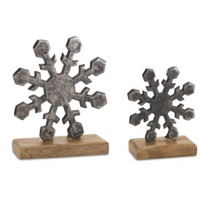 Snowflake On Stand (Set of 6) 5.75"H, 7.75"H Aluminum/Wood