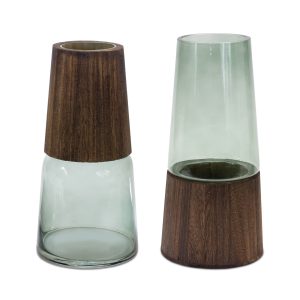 Vase (Set of 2) 5.5"D x 11"H, 5.5"D x 11"H Glass/Wood