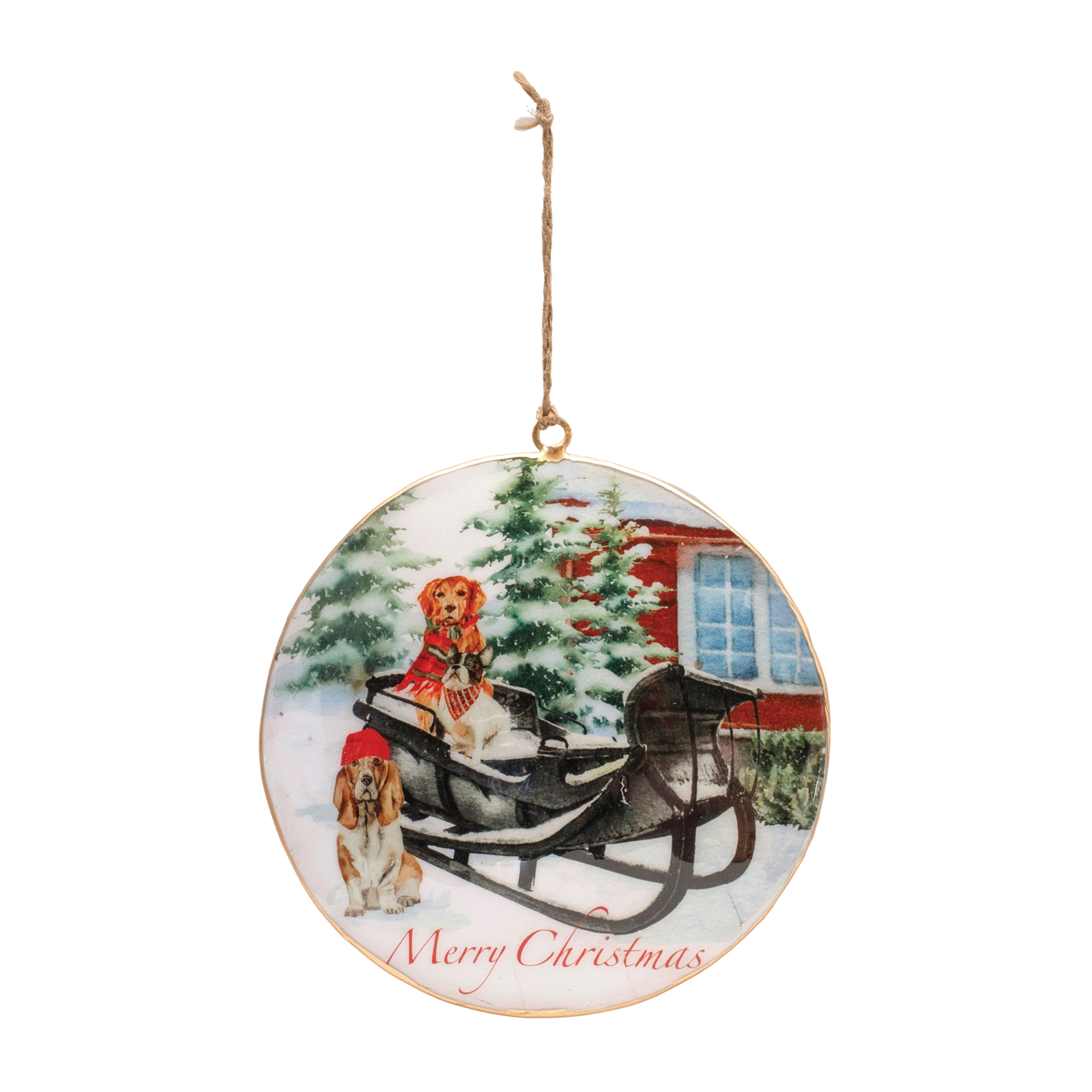 Dog and Sleigh Disc Ornament (Set of 6) 6"H Iron - Image 2