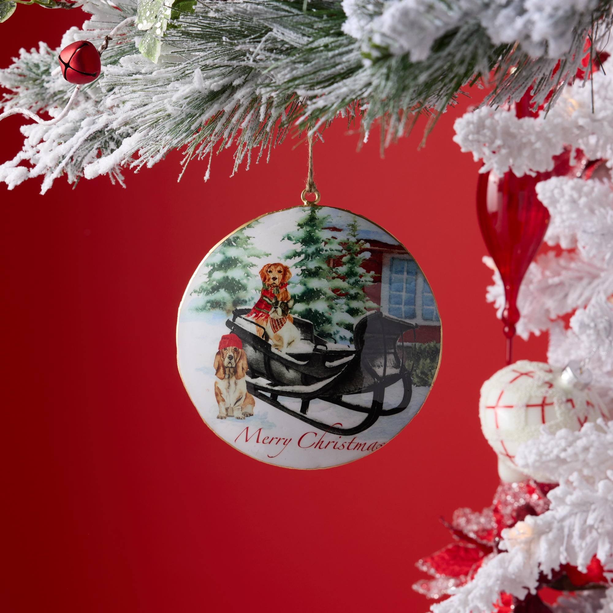 Dog and Sleigh Disc Ornament (Set of 6) 6"H Iron - Image 3