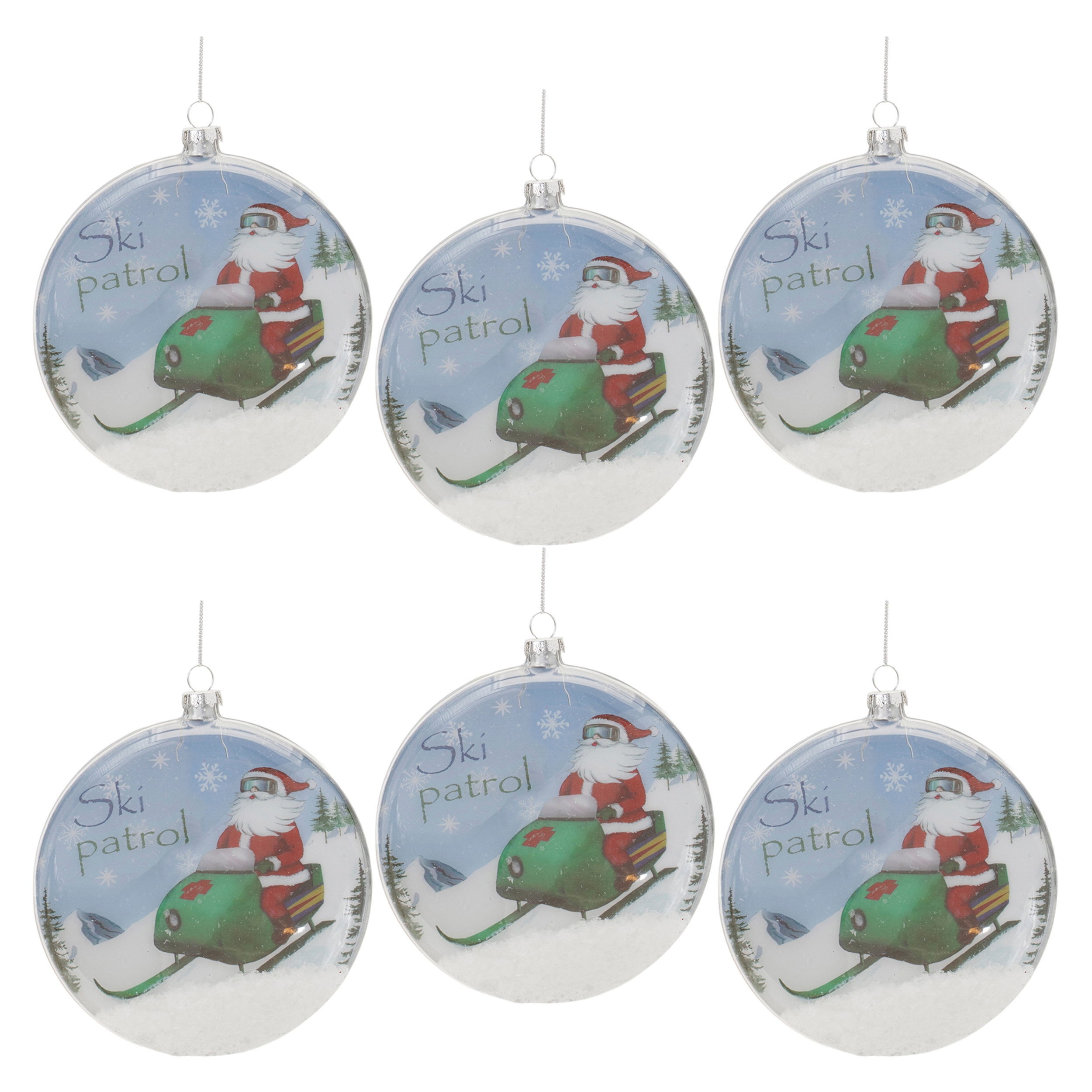 Santa Ski Patrol Disc Ornament (Set of 6) 5"H Glass - Image 3