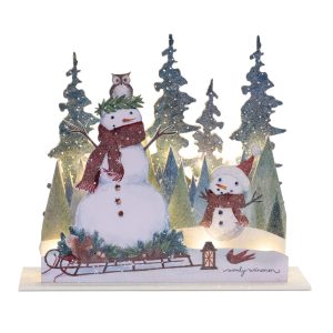 LED Snowman Scene 13.5"L x 11.75"H MDF 6 Hr Timer 2 AA Batteries, Not Included