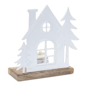 House Tealight Holder (Set of 2) 7.5"H Aluminum/Wood