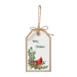 Merry Christmas Cardinal Tag (Set of 12) 3.5"L x 6"H MDF/Jute