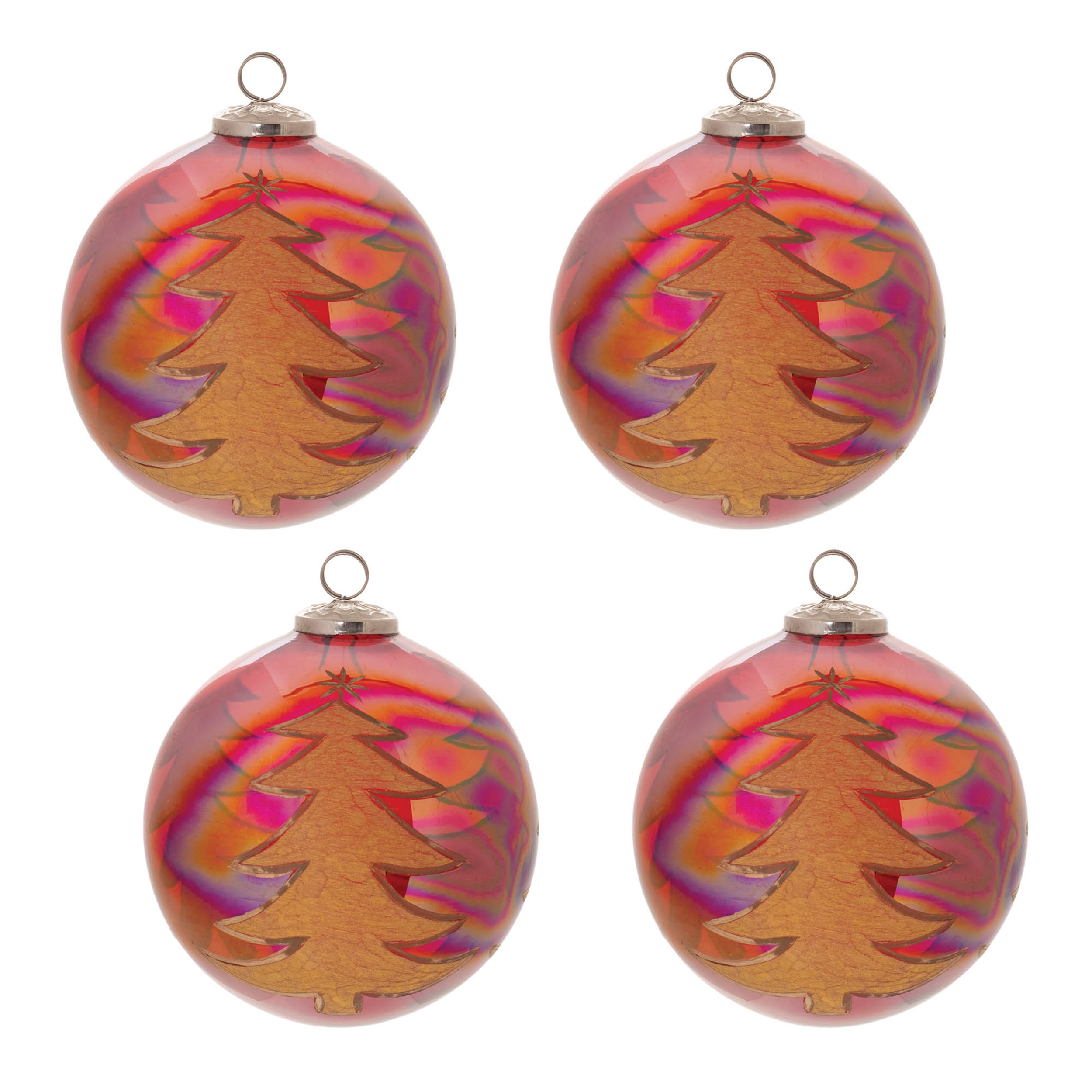 Ball w/Tree Ornament (Set of 4) 6"D Glass - Image 2