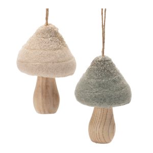 Mushroom Ornament (Set of 12) 2.75"H, 3.25"H Wood/Fabric