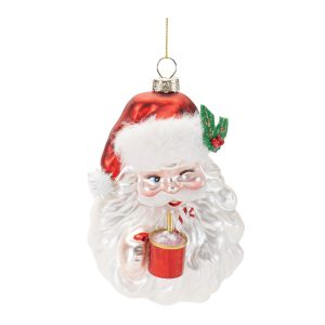 Santa w/Cocoa Ornament (Set of 6) 5"H Glass