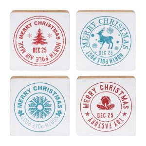 Postal Christmas Stamp (Set of 4) 7.5"H Wood