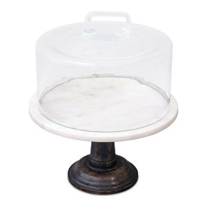 Covered Cake Stand 12"D x 14"H Marble/Glass/Wood